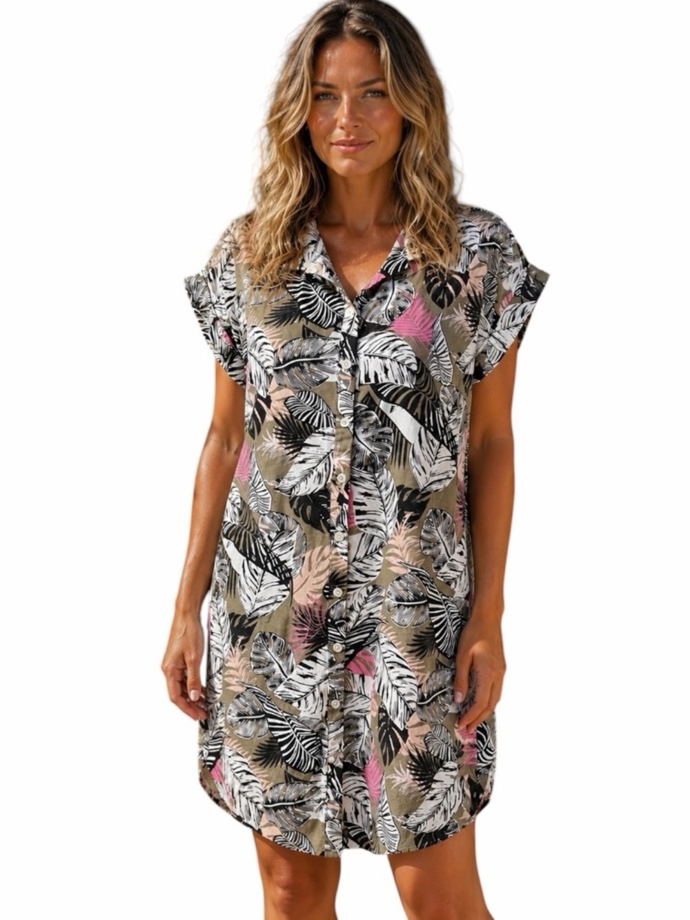 Per Se Medium Tropical Print Linen Cuffed Short Sleeve Shirtdress